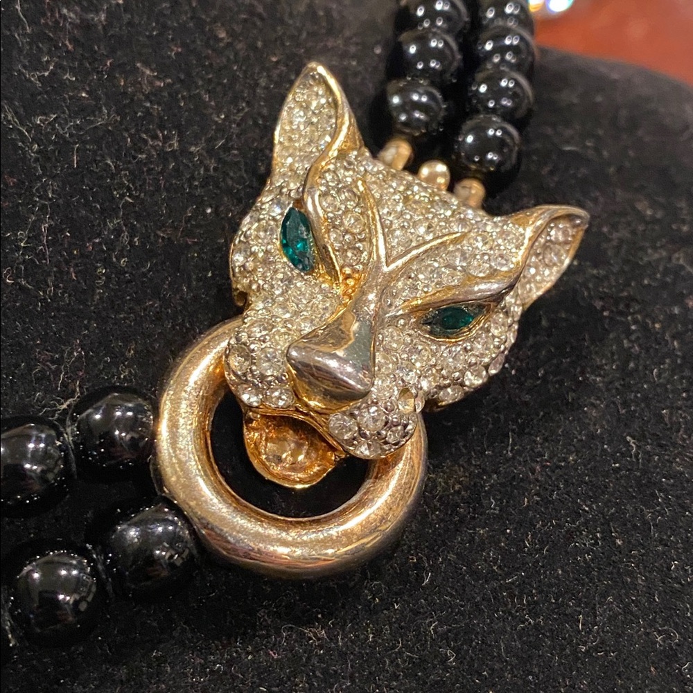 Elegant Glass  Pearl and Black Glass Bead Necklace with Green Eyed Panther Clasp